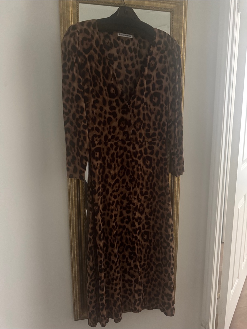 Reformation Brown Leopard Print Long Sleeve Midi Dress